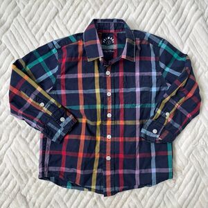 Primary Kids Size 3 3T Rainbow Plaid Long Sleeve Button Down Shirt Navy Cotton